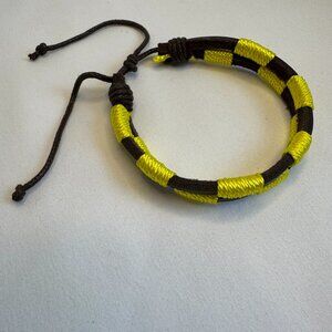 Woven Black Leather & Yellow Cotton Check Design Bracelet